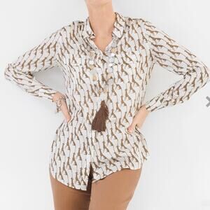 Chico's Women's Whimsy Sateen Cheetah Button Down Shirt Medium White